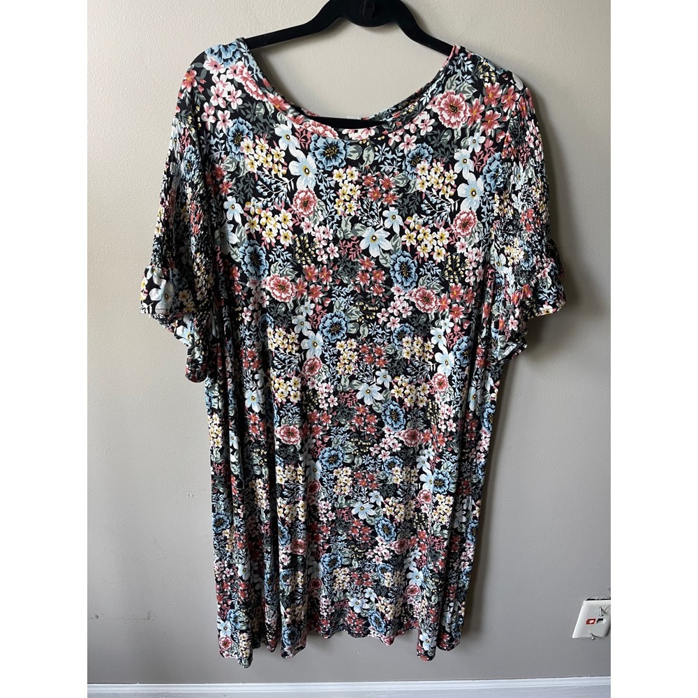 Loft Plus Floral Smocked Ruffle Sleeve Shift Dress Black Multi 20/22 casual work